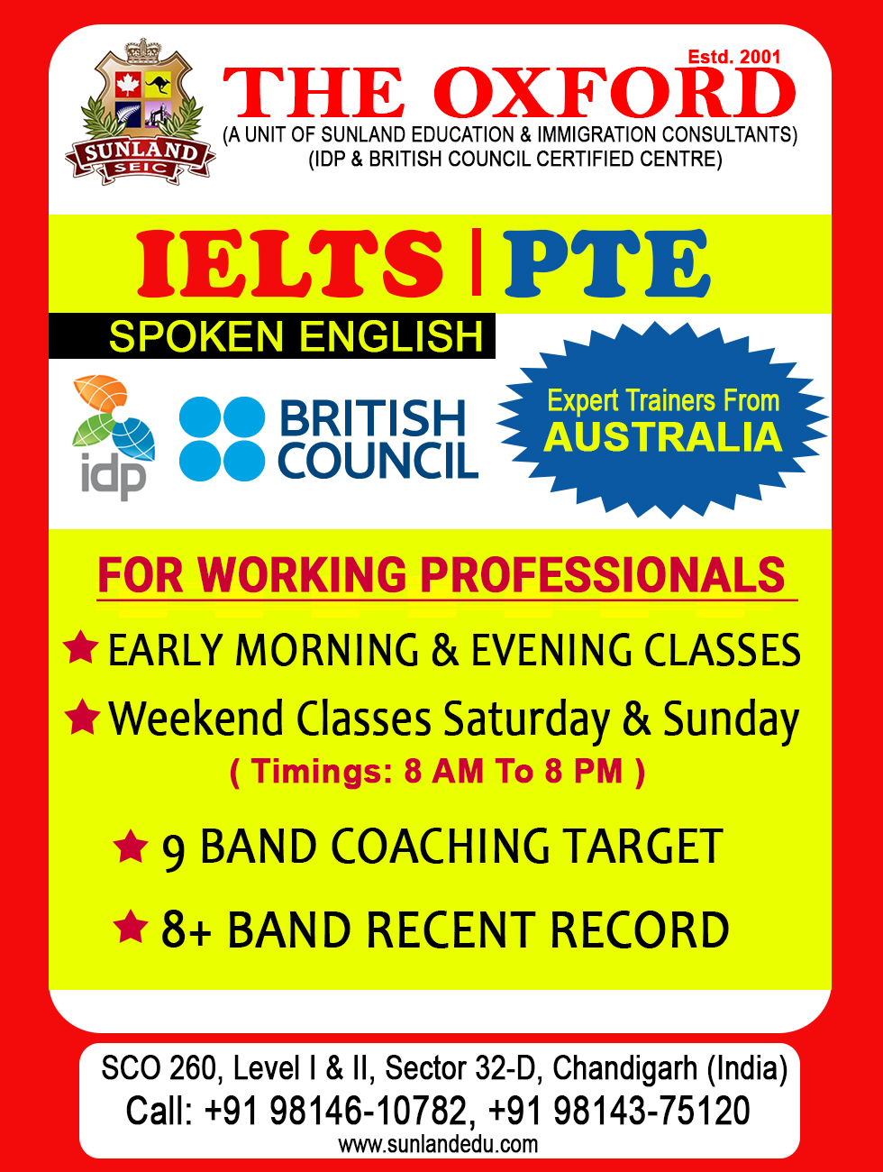 Weekend Classes for Professionals at THE OXFORD ACADEMY 1 PTE Classes, IELTS Coaching Centre in Chandigarh